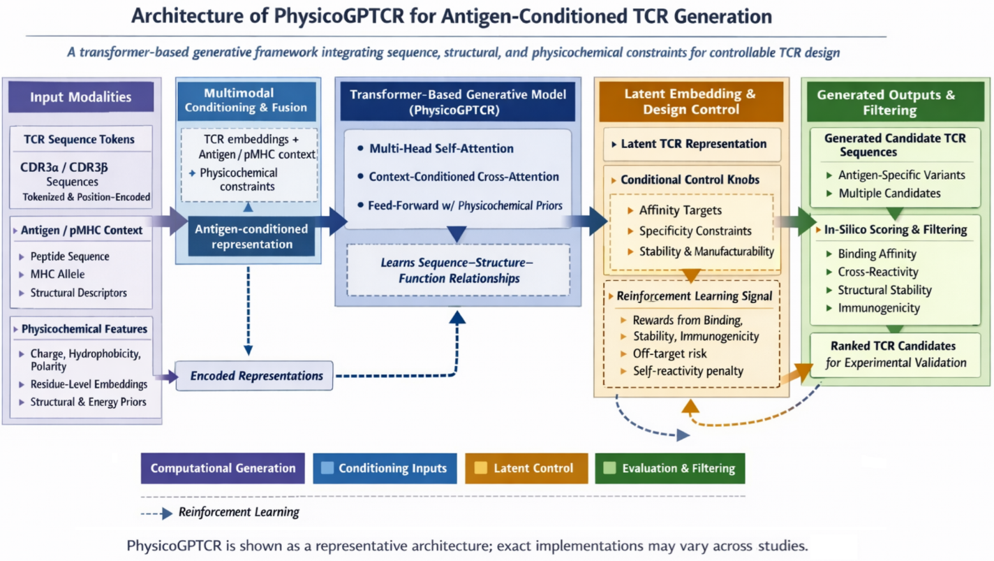 Figure 2: Architecture of PhysicoGPTCR for antigen-conditioned TCR generation.