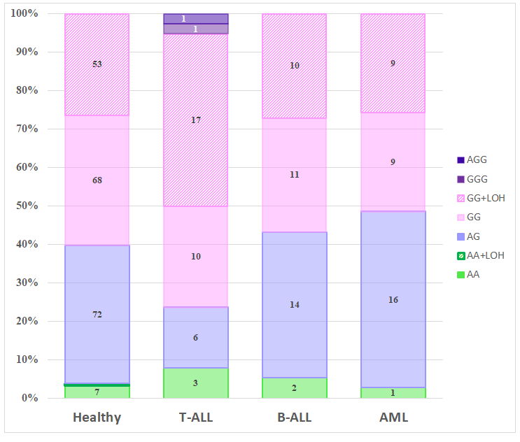 Figure 3: Genotype distribution of the rs4590952 polymorphism across the study cohorts. The figure legend is displayed on the right, and the absolute counts for each genotype group are overlaid on the respective colored bars.