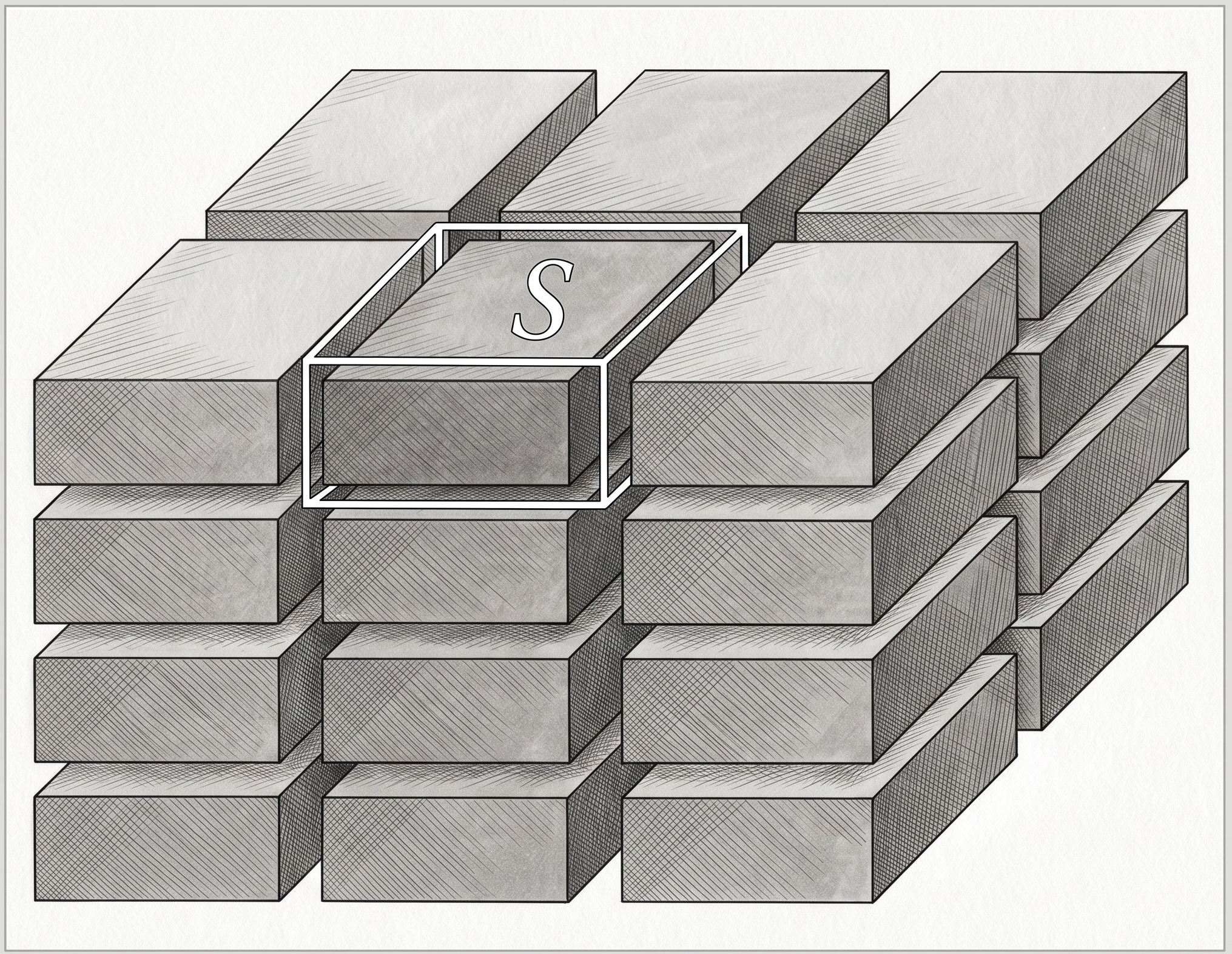 Figure 1: Schematic presentation of a planar conglomerate of HAPNs (shaded boxes) separated from each other by hydrated nanolayers. Supercell S is shown with white lines.