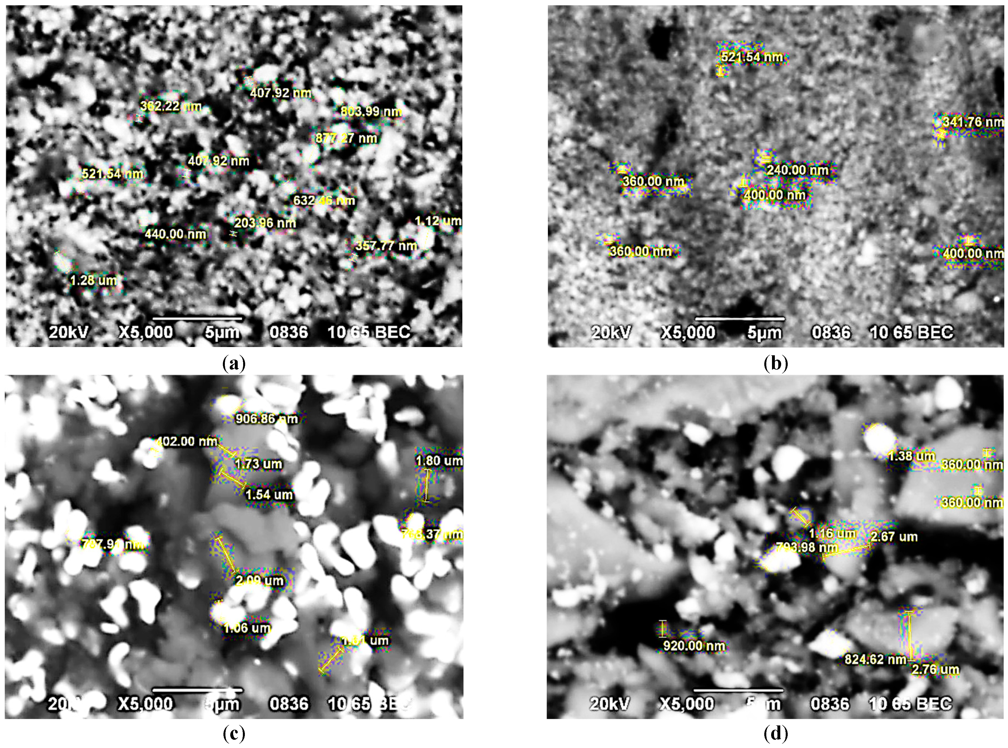 Figure 3: Morphology of filling materials with particle sizes indicated: Foredent (a), gutta-percha pin (b), Sealapex (c), Trioxident (d). SEM. BEC. Magnification 5000×.
