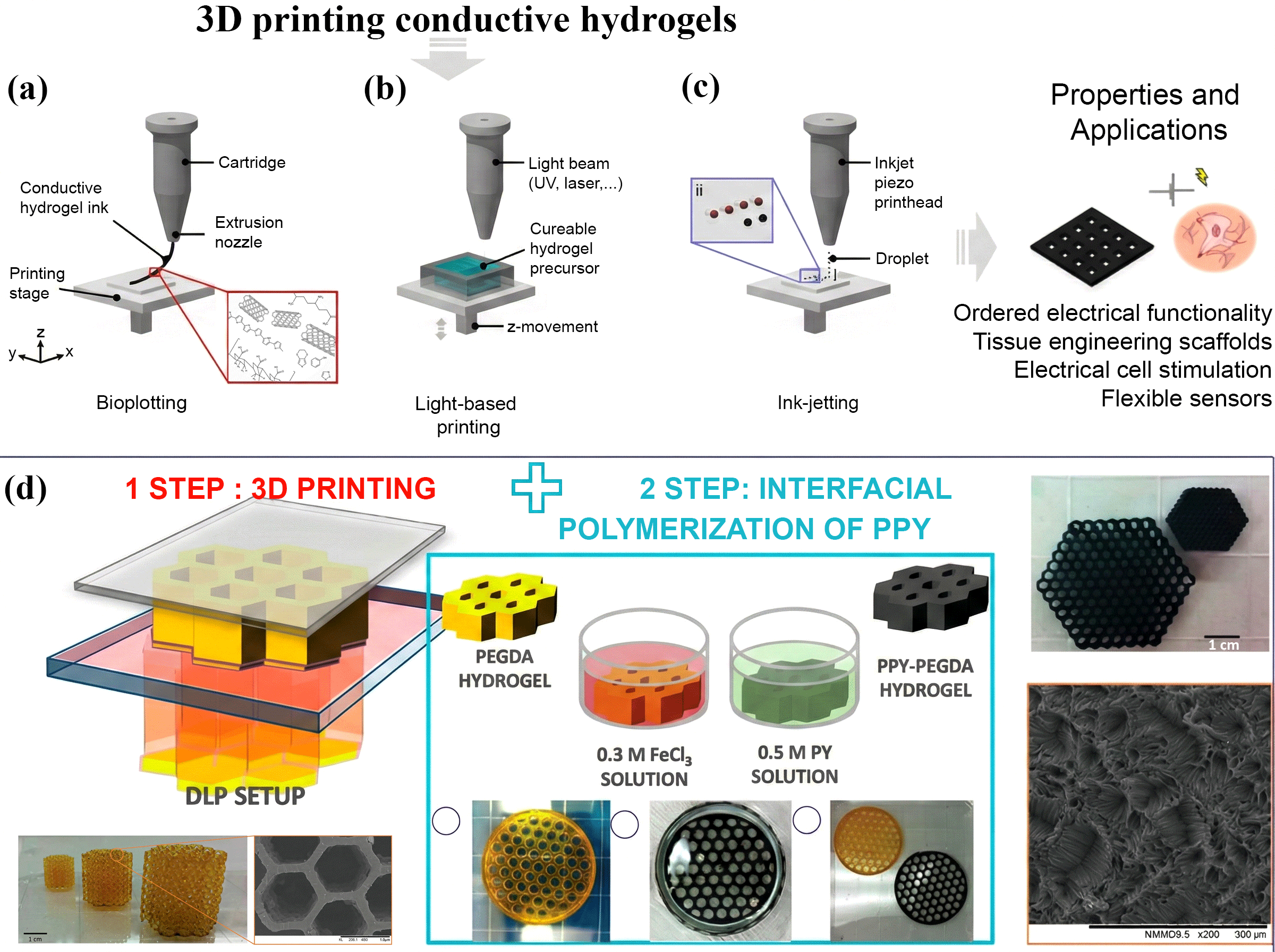 Figure 6: 3D printing technologies for processing conductive hydrogels. (a) Bioprinting (b) Light-based photo printing (c) Simultaneous deposition inkjet printing, (Adapted with permission from [167]) (d) Methyl orange (MO), the dopant of polypyrrole (PPy), and phenyl bis (2,4,6-trimethyl benzoyl) phosphine oxide, the photo initiator (PI), were used to print the PEGDA scaffold by DLP. The construct was printed and then submerged in a FeCl3 solution to initiate the oxidative polymerization of pyrrole (Py). This created in situ polypyrrole within the hydrogel matrix, increasing its electrical conductivity (Adapted with permission from [168]).