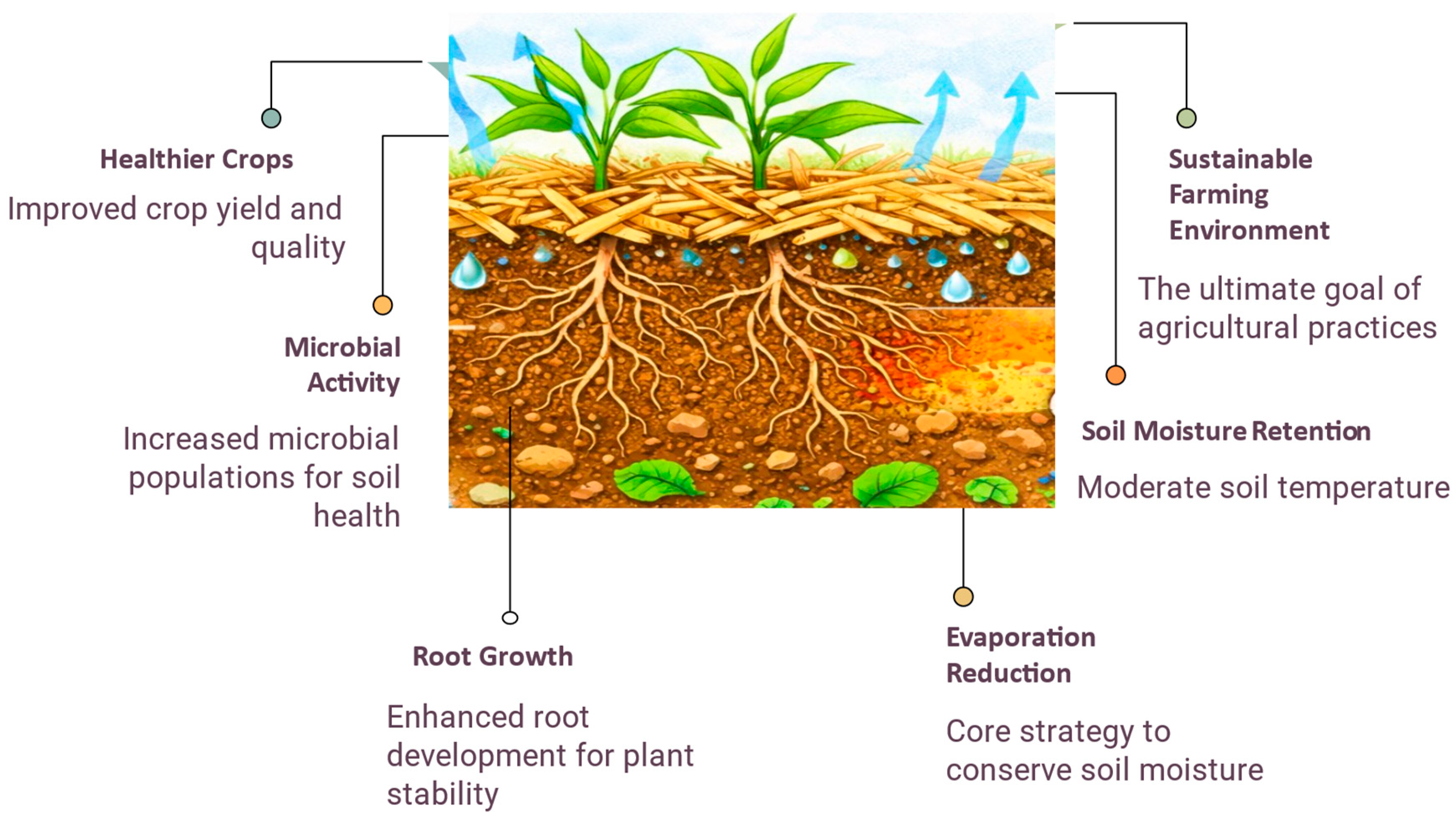 Figure 1: Schematic representation of mulching effects on soil and microclimate, showing moisture conservation, moderated temperature, enhanced root growth, and increased microbial activity.