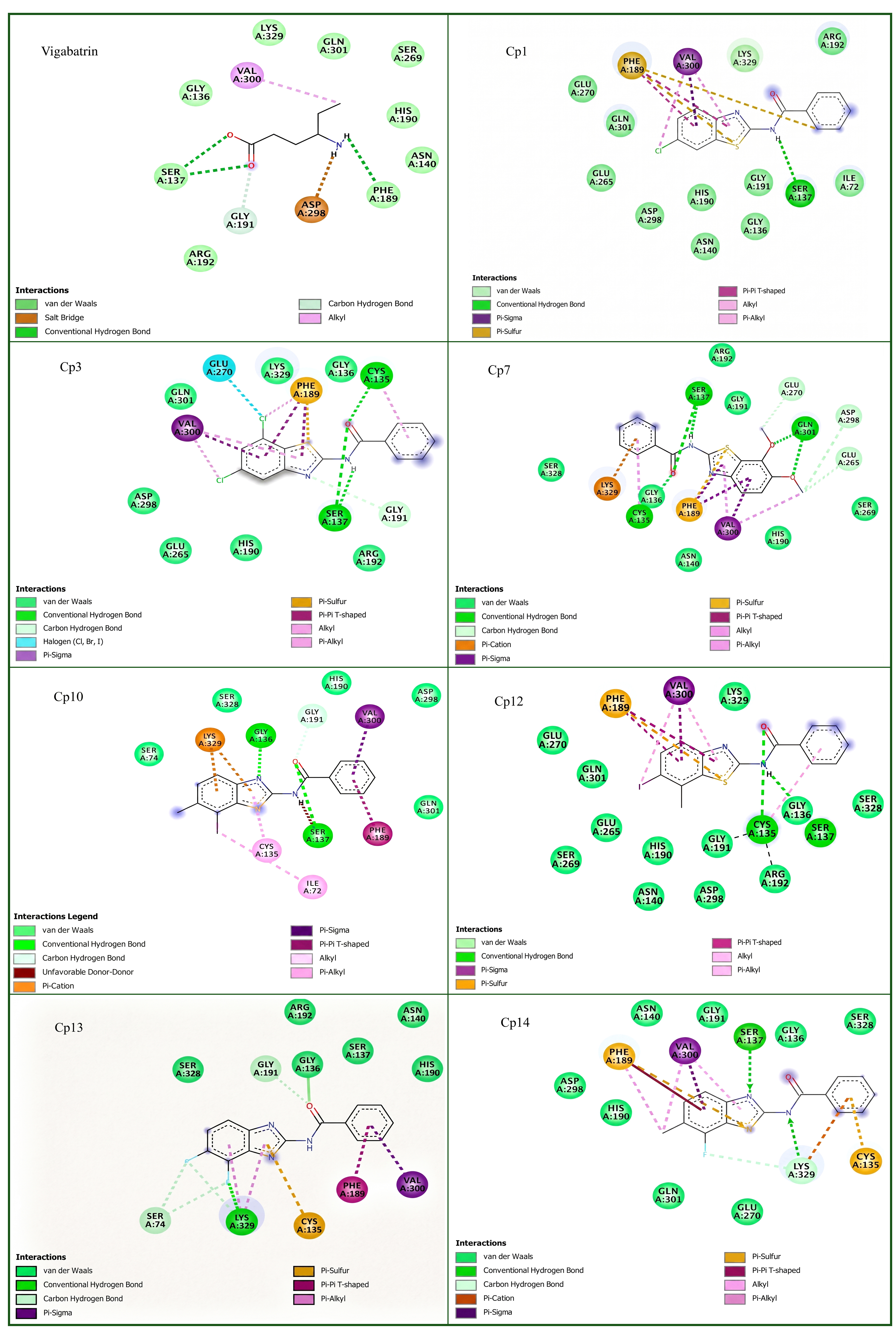 Figure 2: Comparison of molecular surface and 2D interaction patterns of vigabatrin and selected compounds (Cp1, Cp3, Cp7, Cp10, Cp12, Cp13, and Cp14) within the GABA-AT active site.