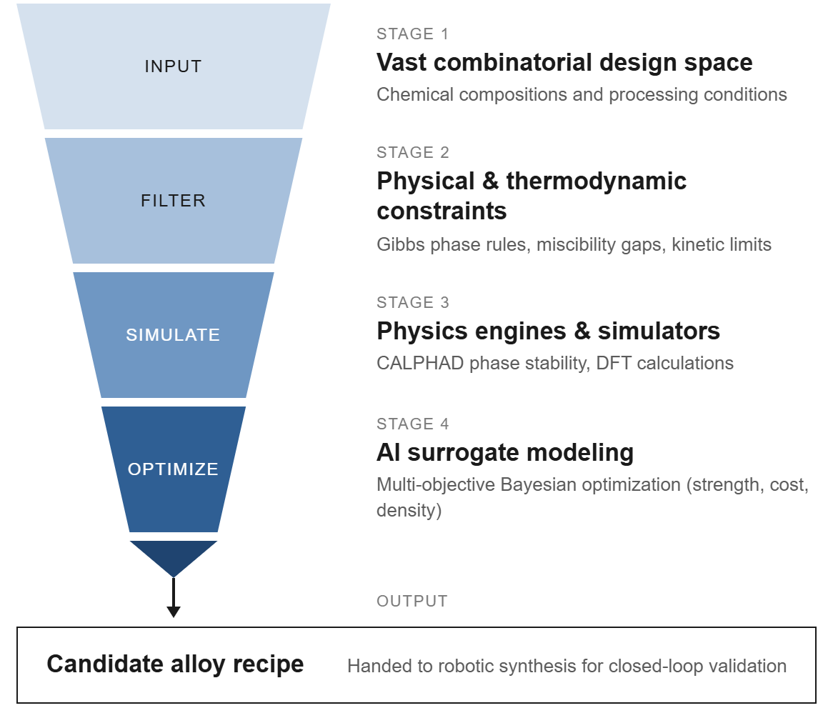 Figure 3: Diagrammatic representation of the integration of metallurgical domain knowledge into the AI decision loop, illustrating how physics-based constraints, literature-derived priors, and multi-objective formulations collectively guide the autonomous planner.