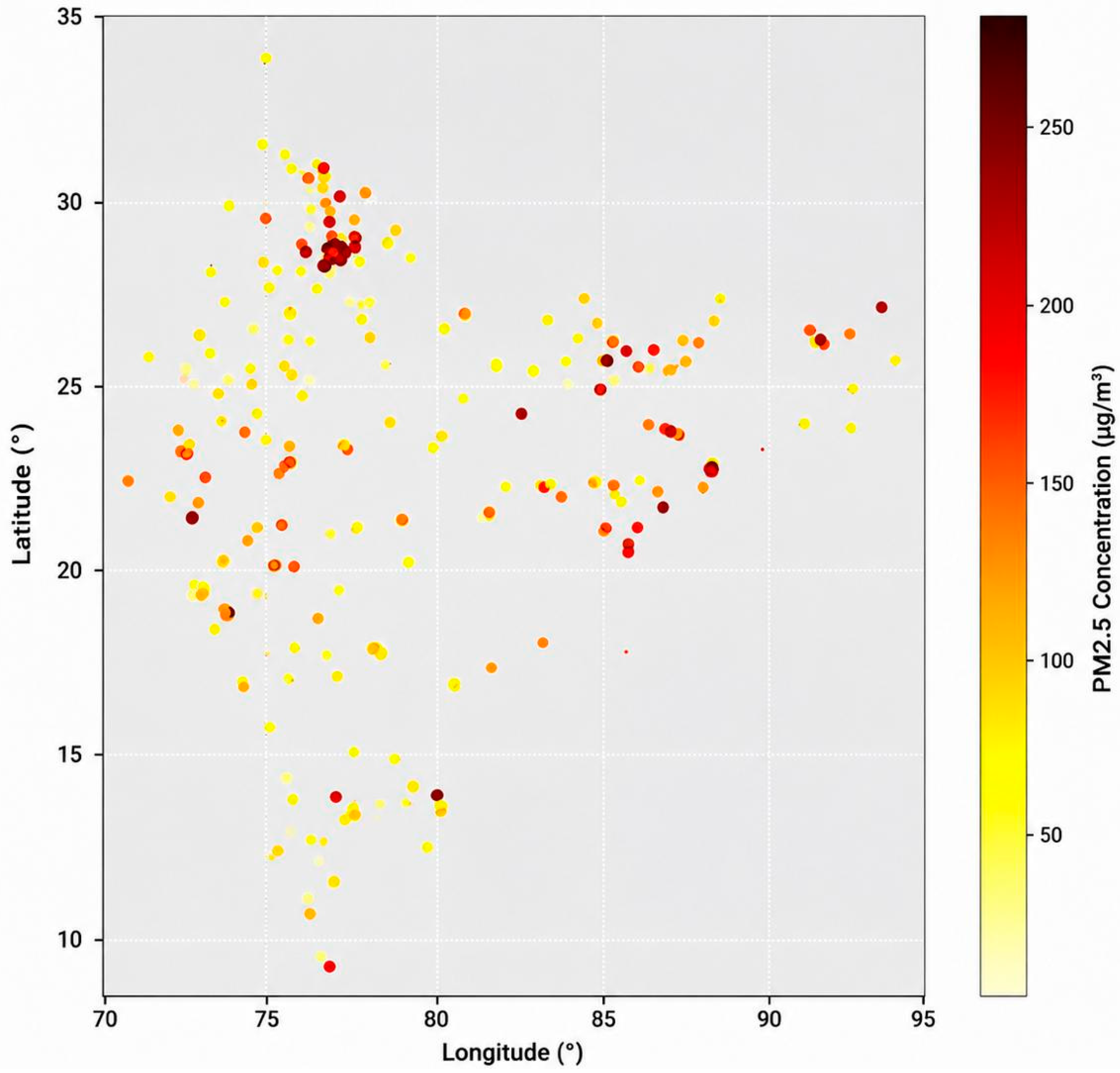 Figure 2: Geographic distribution of PM2.5 across India.