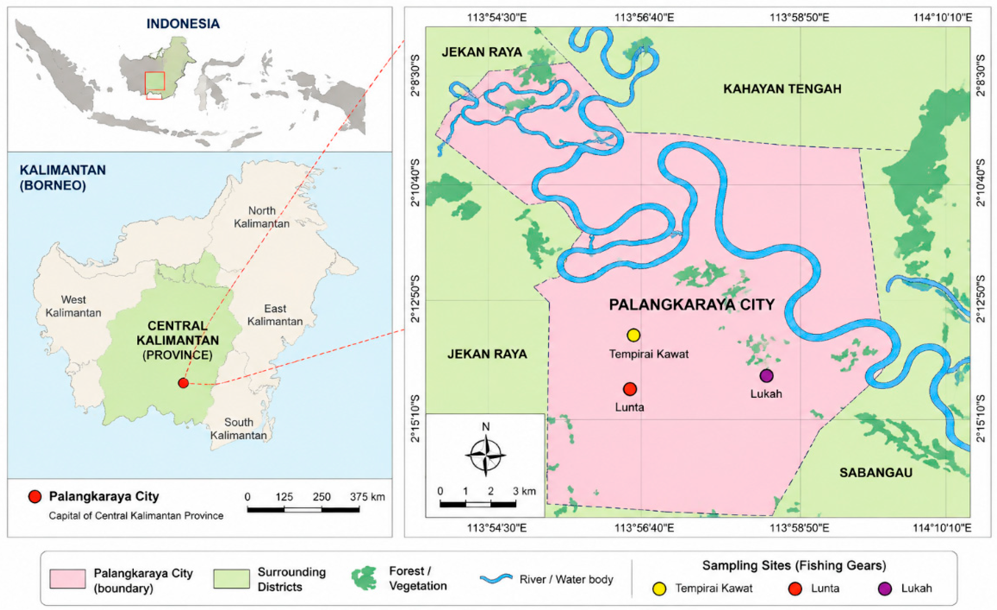 Figure 1: Study area and fishing gear deployment sites in Palangkaraya City, Central Kalimantan, Indonesia: Tempirai (yellow), Lukah (purple), and Lunta (red).