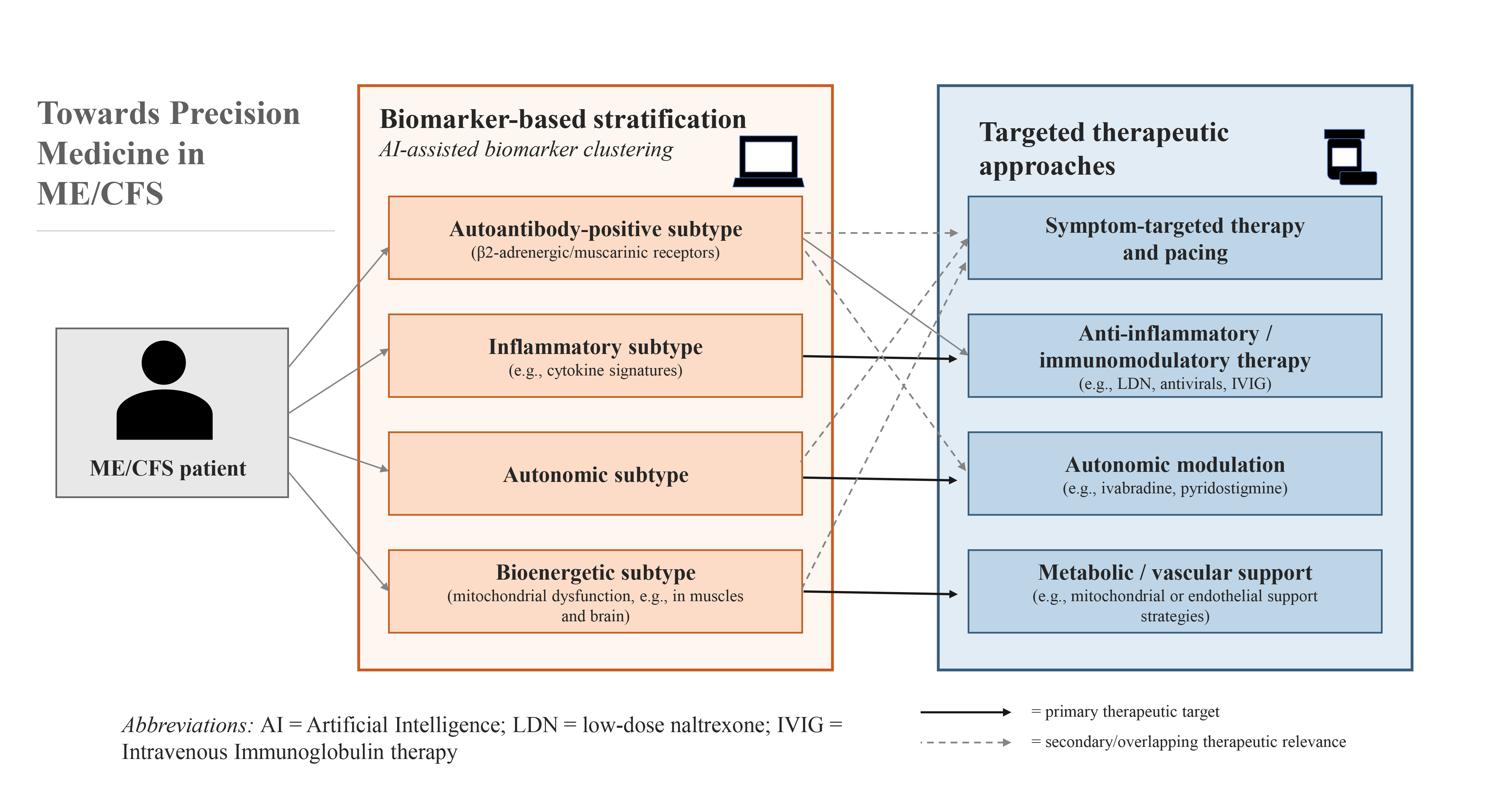 Figure 1: Conceptual framework for biomarker-based stratification and subtype-oriented therapeutic targeting in ME/CFS. AI-assisted clustering may identify immunological, autonomic, and bioenergetic subtypes linked to overlapping targeted treatment approaches.