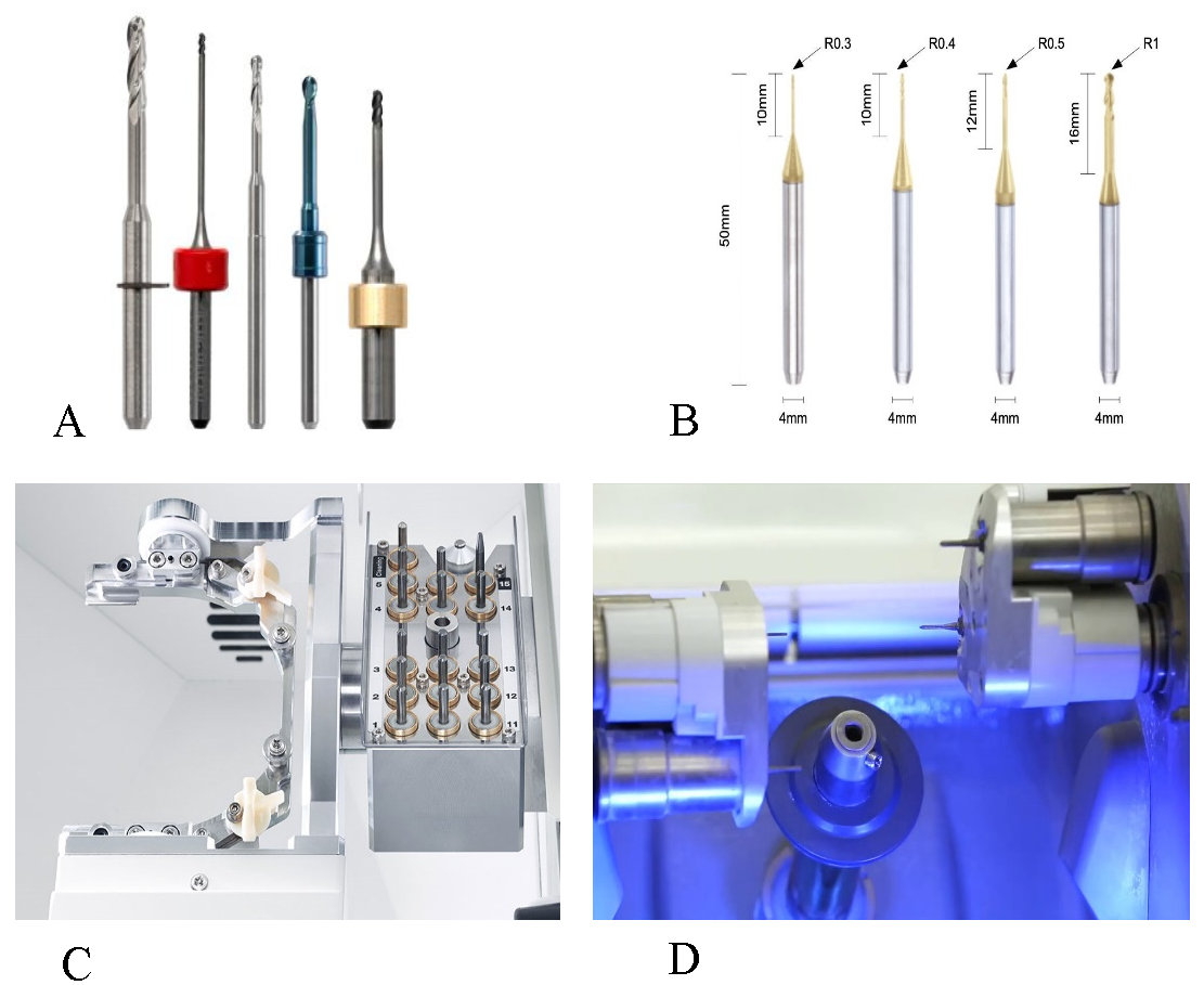 Figure 8: <p>(<strong>A</strong>). A package of commercially available milling tools in dentistry, the smallest diameter of the cutting head is 0.5 mm, and the tools used for different purposes rely on the structural material and the head coating. (<strong>B</strong>). Commercially available milling tools, with the smallest known diameter of the cutting head. (<strong>C</strong>). The luggage of the Roland DG Shape milling machine shows stored milling tools in place, ready for automated selection. (<strong>D</strong>). CEREC MCXL machine, in which the spindles contain multiple tools with different dimensions and purposes, these four cutting tools need to be changed manually.</p>
