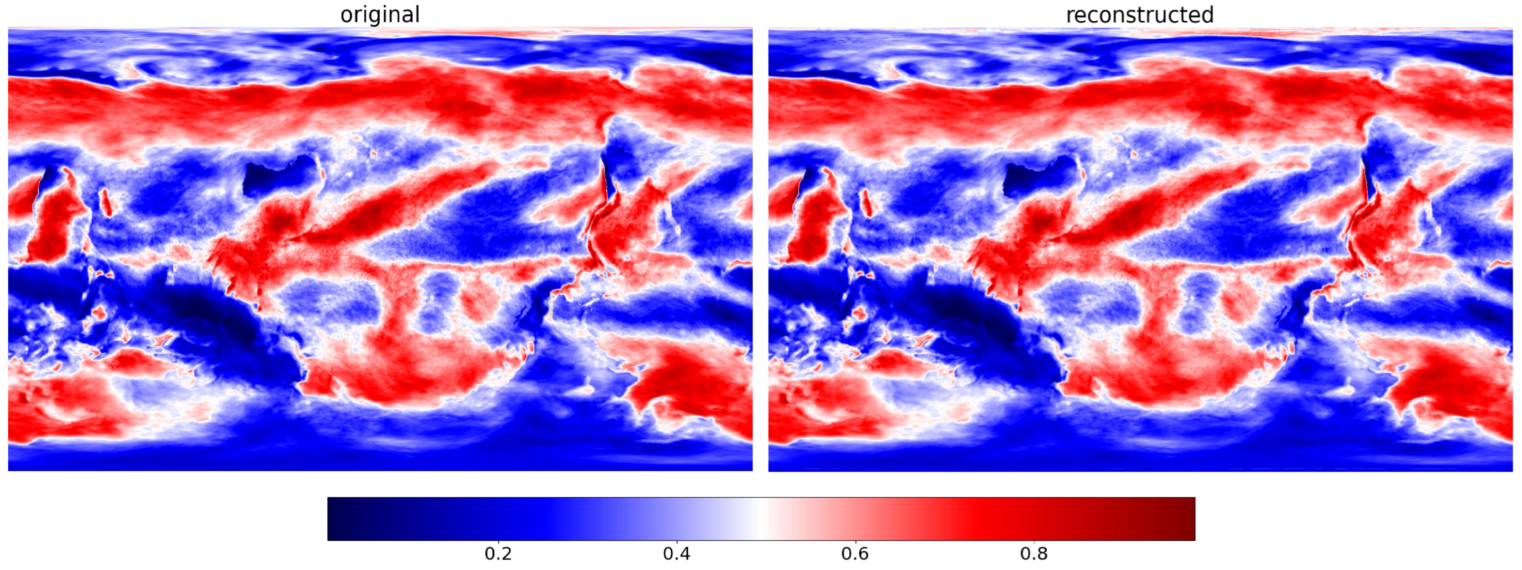 Figure A6: Compression for CESM CLDTOT 2D data (PSNR: 42.71, compression ratio: 127.87).

