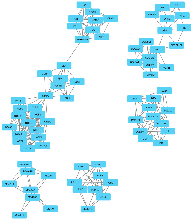 Figure 5: <p>Merged network obtained after integrating five significant clusters obtained from Cytoscape plug-in MCODE.</p>
