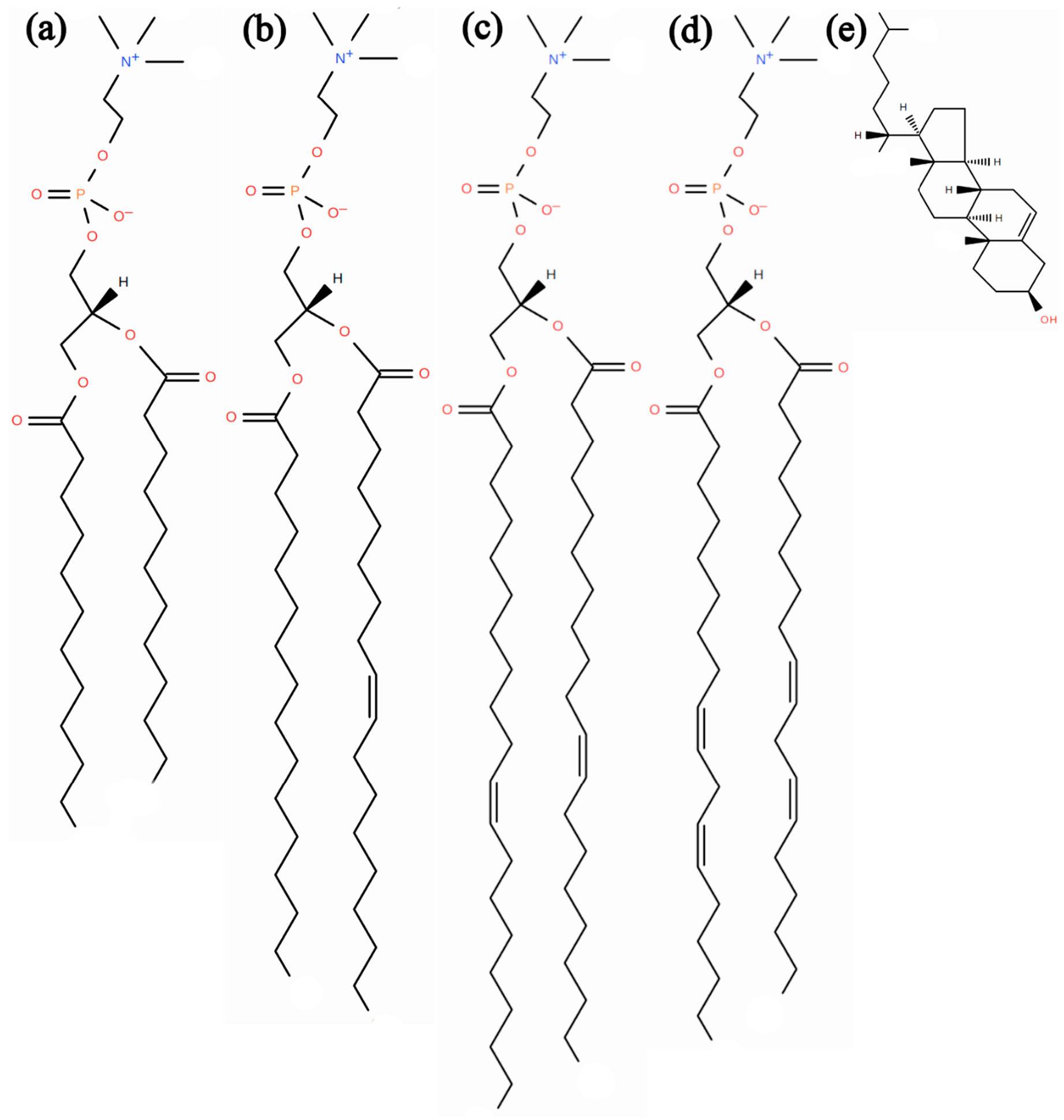 Figure 2: The chemical structure of phosphatidylcholine lipids (a) DLPC, (b) POPC, (c) DGPC, (d) DIPC, and sterols (e) cholesterol [56].