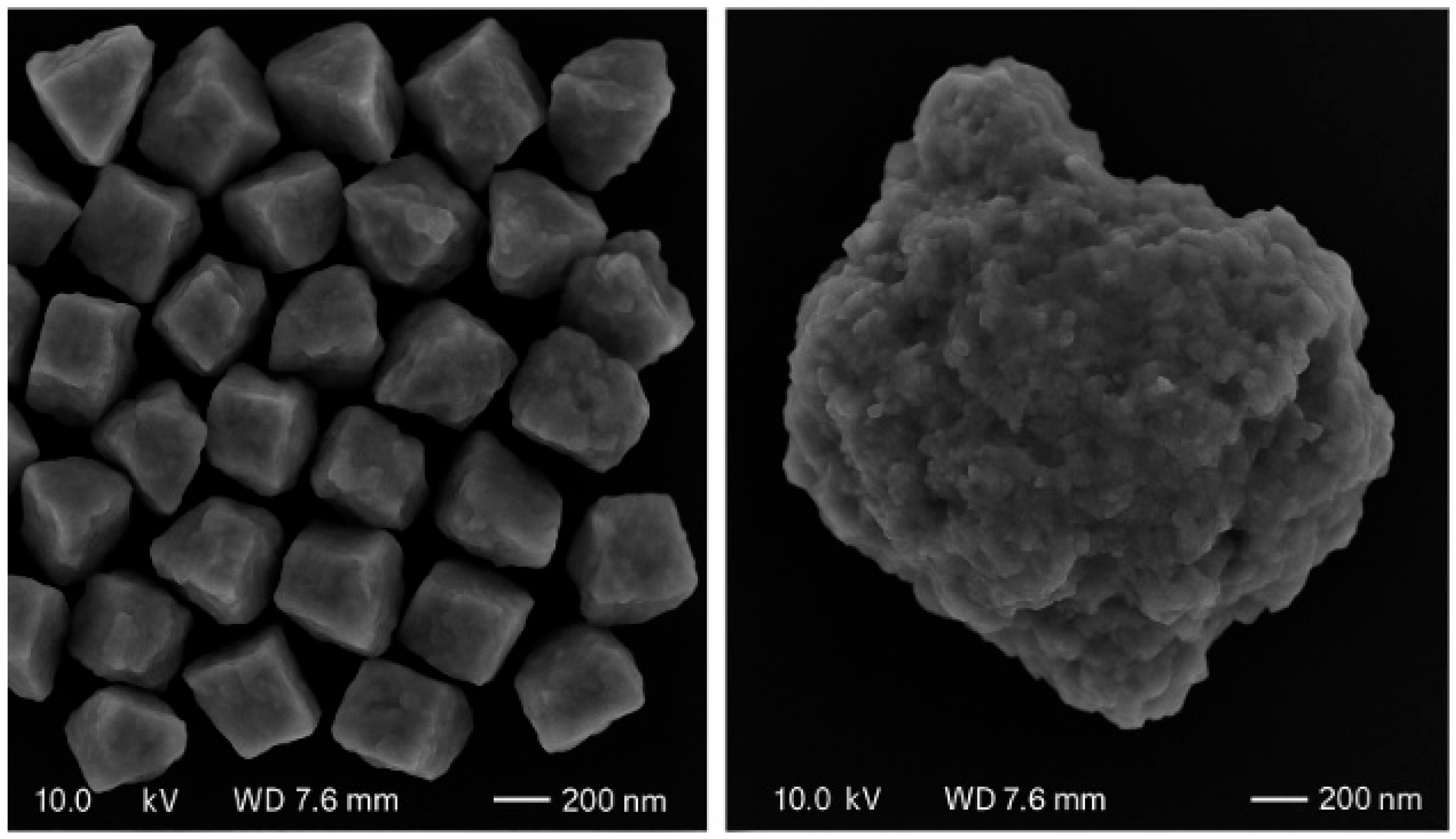 Figure 13: <p>SEM Image of Reduced (<strong>left</strong>) Particulate and (<strong>right</strong>) Agglomerate at 550 &deg;C.</p>
